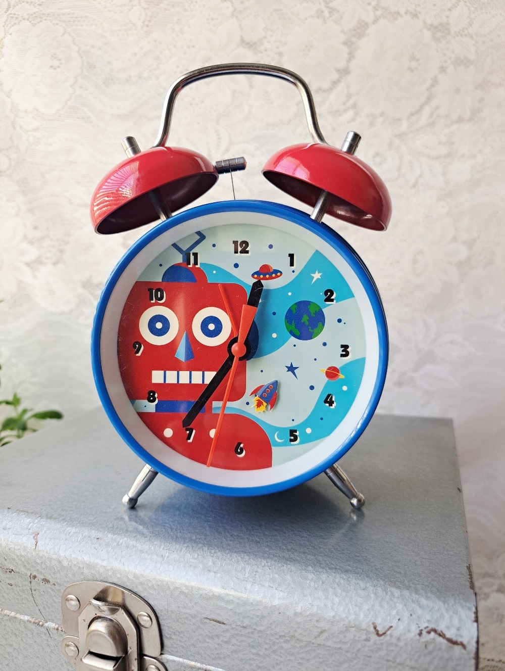 6.5" Vintage Retro Space Age Red Robot Mini Twin Bell Alarm Clock in Blue Red